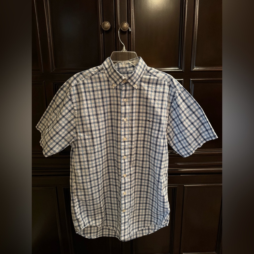 Vineyard Vines Men's Medium Blue White Plaid Short Sleeve Button Up Tucker Shirt
